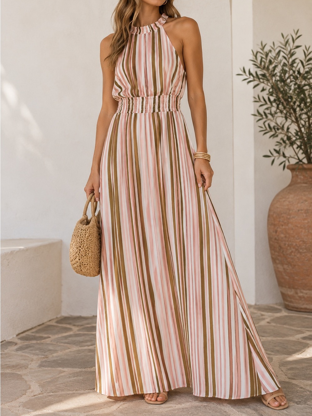 Nine West Pink Brown White Striped Halter Maxi Dress Size S